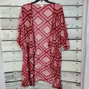 LuLaRoo Large Red/Pink Print Open Front Fly-away Light weight Cover Cardigan